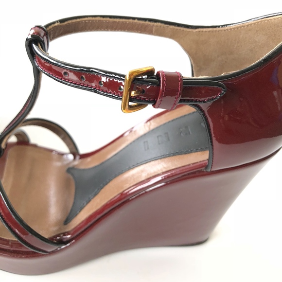 Marni Black Burgundy Patent Leather Wedge Heels - Picture 4 of 7
